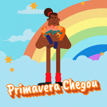 a cartoon of a woman holding a bouquet of flowers with the words primavera chegou below her