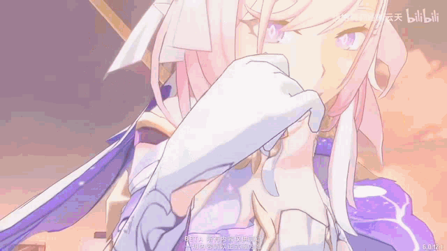 a girl with pink hair and purple eyes is wearing gloves