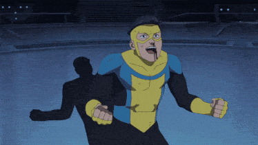 a cartoon of a man in a yellow and blue superhero costume