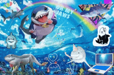 a collage of sharks with the words oh my jaws in the middle