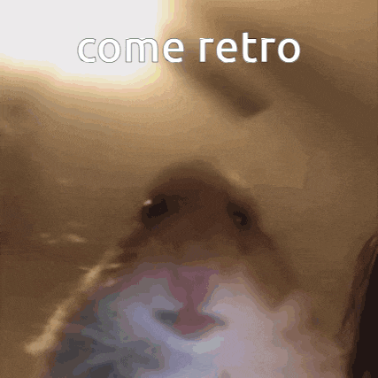 a close up of a cat with the words come retro written above it