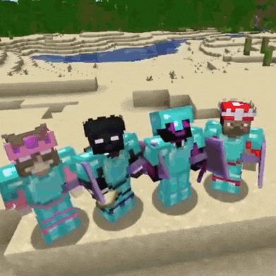 a group of minecraft characters are standing next to each other in the sand .