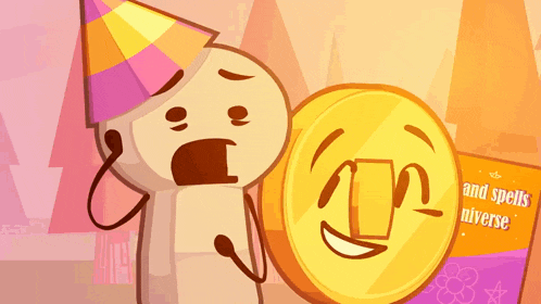 a cartoon character wearing a party hat next to a coin that says " and spells n'verse " on it