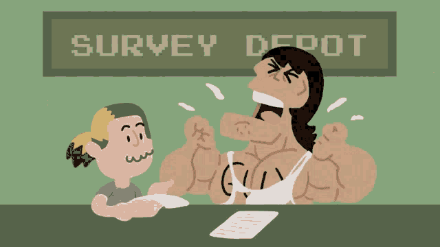 a cartoon drawing of a girl talking to a muscular man at the survey depot