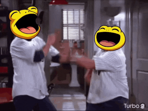 two cartoon characters are laughing in a room with turbo 3 written on the bottom