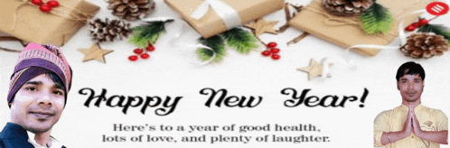 a happy new year greeting card features two men