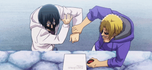 a man in a purple hoodie is holding another man 's elbow