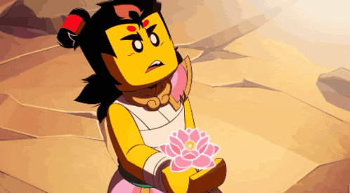 a cartoon character is holding a pink flower