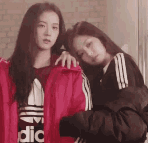 a couple of women standing next to each other .