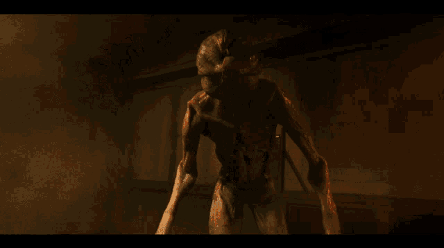a monster with a long neck and arms is standing in the dark