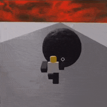 a cartoon character is walking on a road with a large black ball in the background .