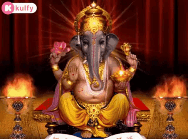 a painting of a deity sitting on a throne holding a flower and a bowl of gold .