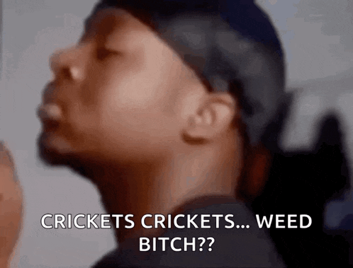 a close up of a man 's face with the words `` crickets crickets ... weed bitch '' written on it .