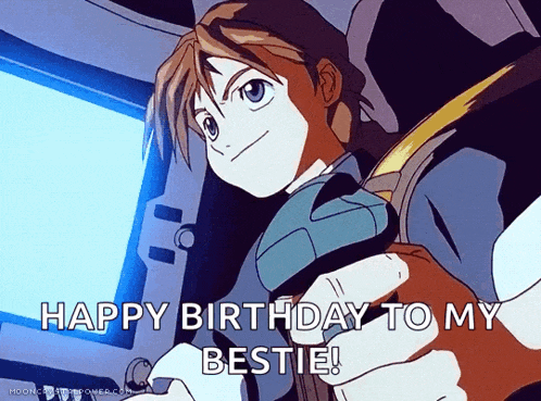 a cartoon character says " happy birthday to my bestie " in front of a screen
