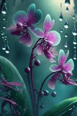 a close up of a purple orchid with water drops on it .