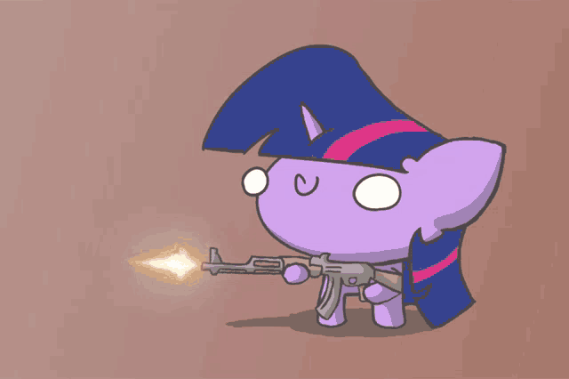 a cartoon drawing of twilight sparkle holding an ak47 gun