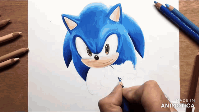 a person is drawing sonic the hedgehog with a blue colored pencil