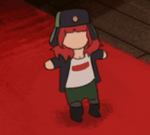 a cartoon character with red hair is laying on his back on a red carpet .