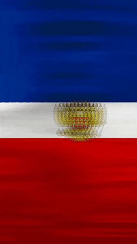 a red white and blue flag with a gold emblem