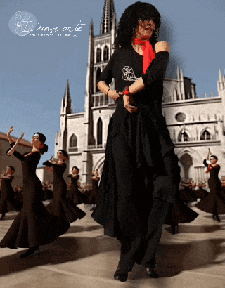 a group of flamenco dancers are performing in front of a large building with the words " la danza arte " on the bottom