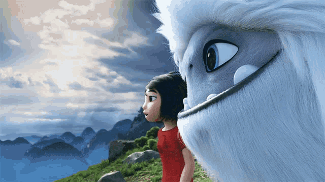 a little girl in a red dress stands next to a large white monster