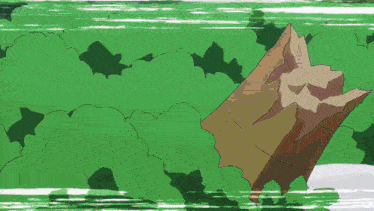 a cartoon drawing of a cliff surrounded by green leaves
