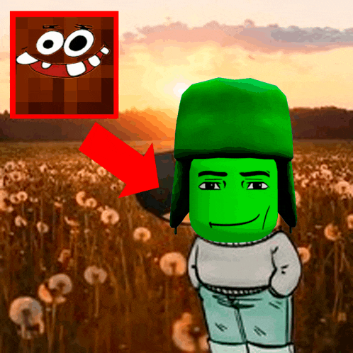 a cartoon character wearing a green hat is standing in a field of flowers