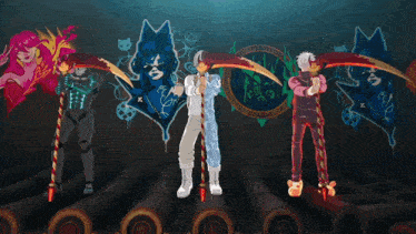 a group of anime characters are holding swords in front of a wall with a clock on it