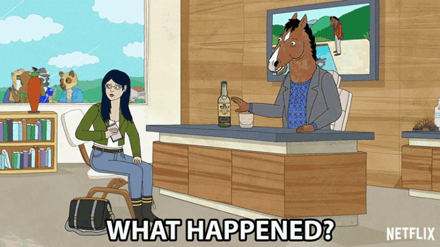 a cartoon of a horse sitting at a desk with a woman sitting next to him and the words " what happened "