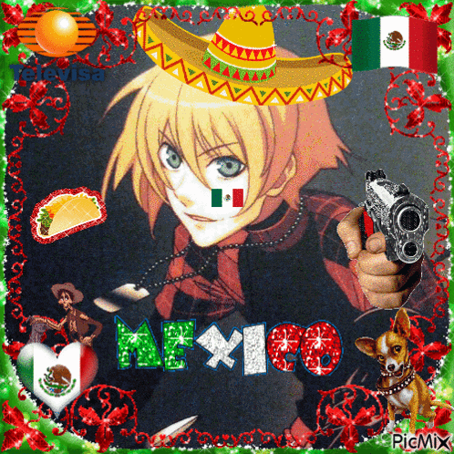 a picture of a boy wearing a sombrero and holding a gun with the word mexico written on it
