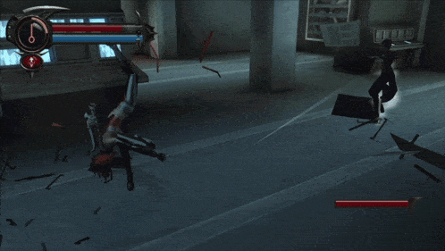 a video game is being played in a dark room with a red arrow pointing to the right