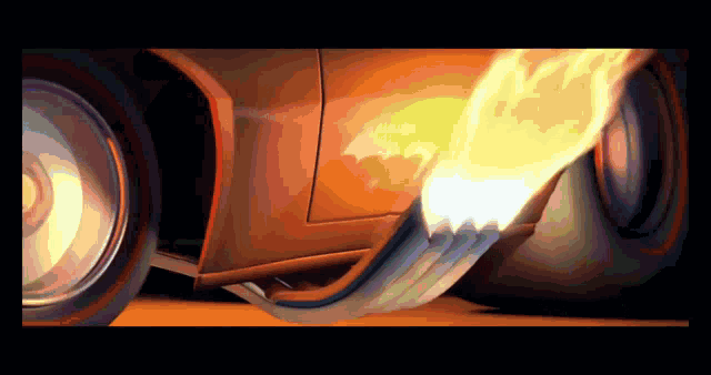 a car with flames coming out of it 's tire