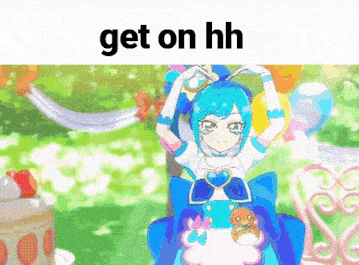 a picture of a girl with the words get on hh on the top