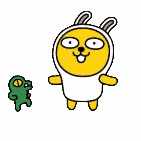 a cartoon character is wearing a bunny costume and standing next to a small green character .