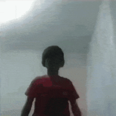 a boy in a red shirt is walking down a hallway .