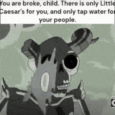 a cartoon of a skeleton with horns and a sword .