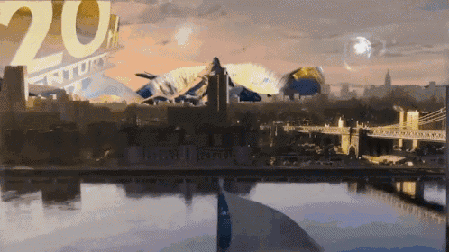 a 20th century fox logo is displayed over a city skyline
