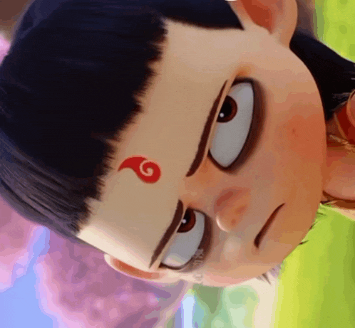 a close up of a cartoon character 's face with a red spiral on his forehead