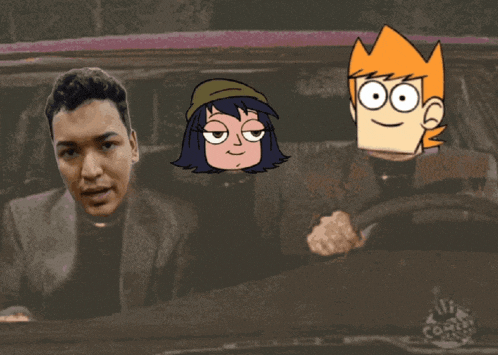 a man in a suit is driving a car with two cartoon characters in the back seat