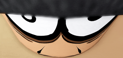 a close up of a cartoon character 's eyes with a black hat on
