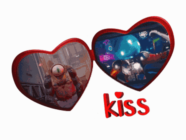 a valentine 's day greeting card with two hearts and the word kiss