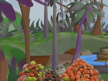 a cartoon turtle is standing on a pile of fruit