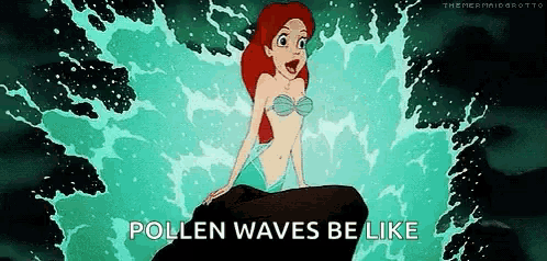 ariel from the little mermaid is sitting on a rock in the ocean with waves crashing around her .