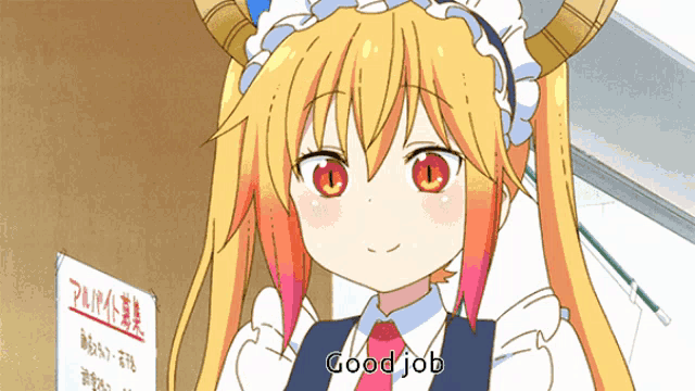 a girl in a maid outfit is giving a thumbs up and saying good job