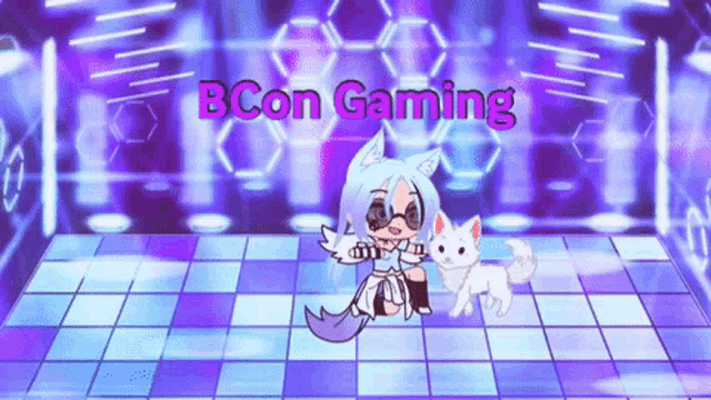 a girl and a cat are on a dance floor with the words bcon gaming written above them
