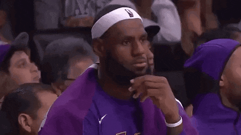 lebron james is wearing a headband and a purple shirt while sitting in the stands .