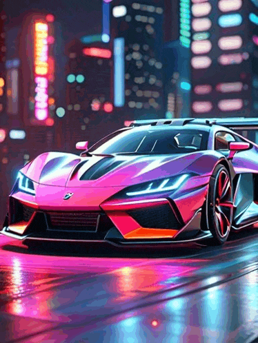 a purple sports car is driving down a wet street at night in front of a city .