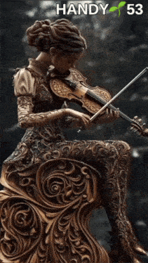 a statue of a woman playing a violin with the number 53 on the bottom right