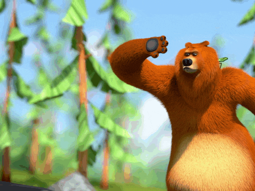 a cartoon bear is standing in the woods with his paw up
