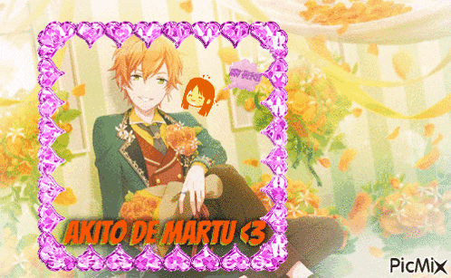 a picture of a boy with flowers and the words akito de martu < 3